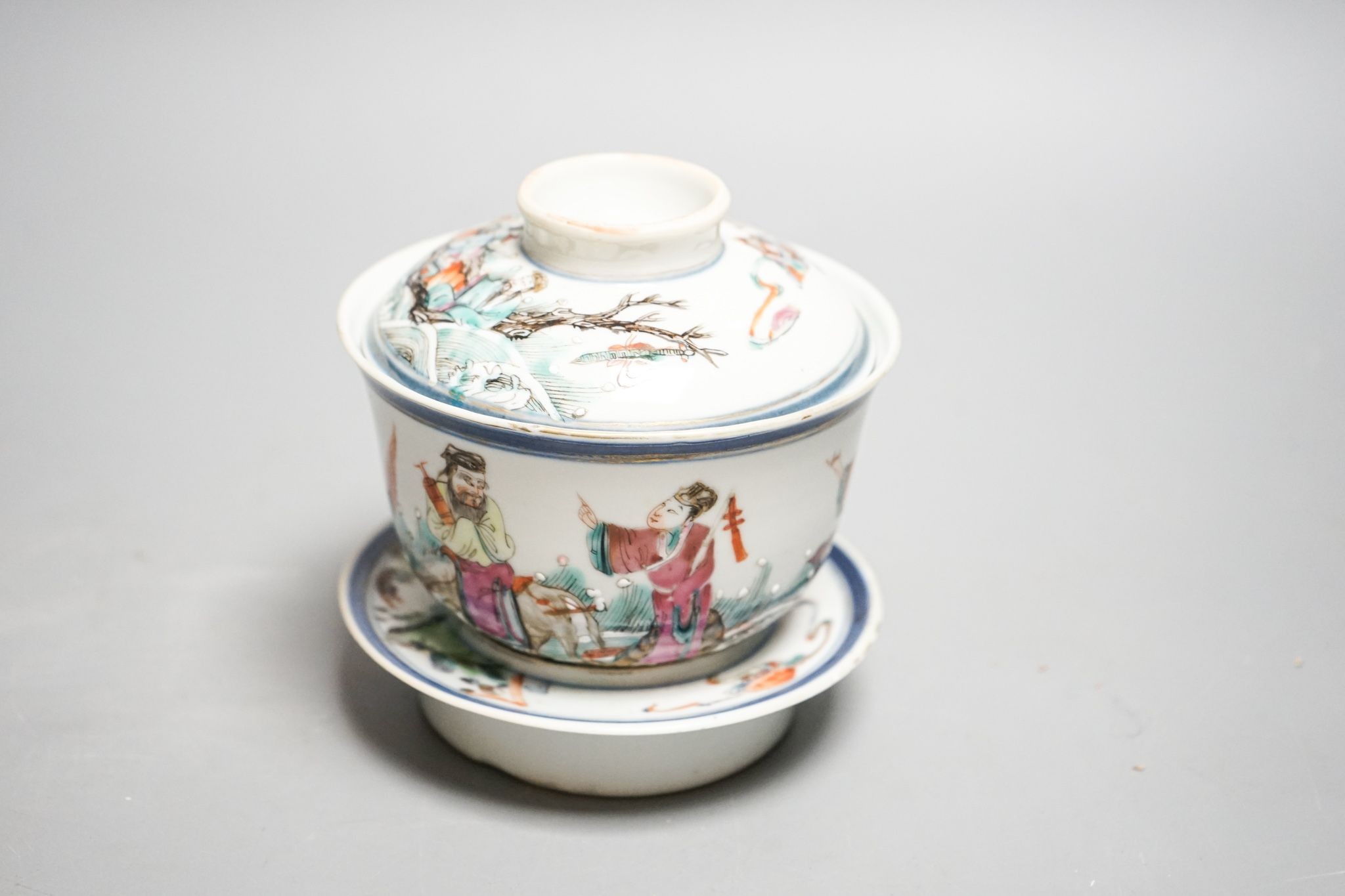 A late 19th century Chinese famille rose rice bowl, cover and stand, 11cm